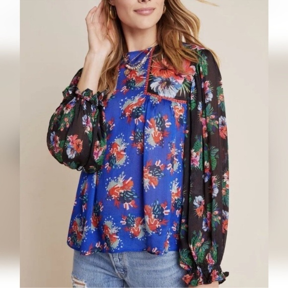 Anthropologie Tops - Anthropologie Bl^nk London Miranda Peasant Blouse Floral Eclectic Sz XSmall Blue